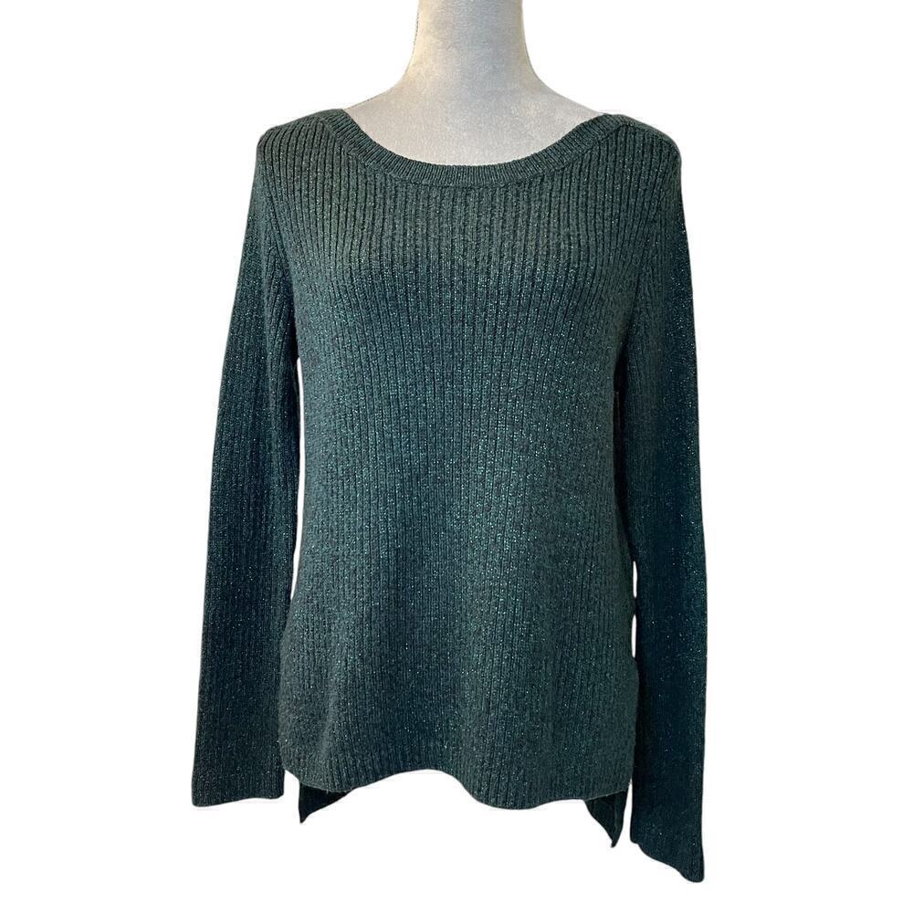 H&M Sweater Womens Medium Green Metallic Thread High Low Slit Pullover